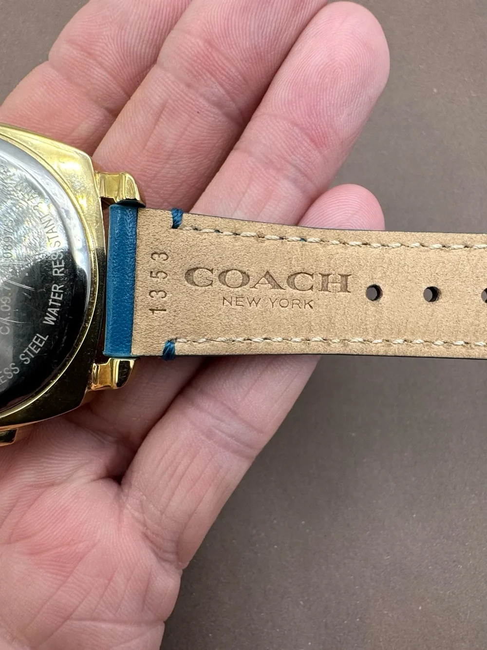 Coach Gold Plated Blue Leather Strap Swarovski Crystal Womens Boyfriend Watch